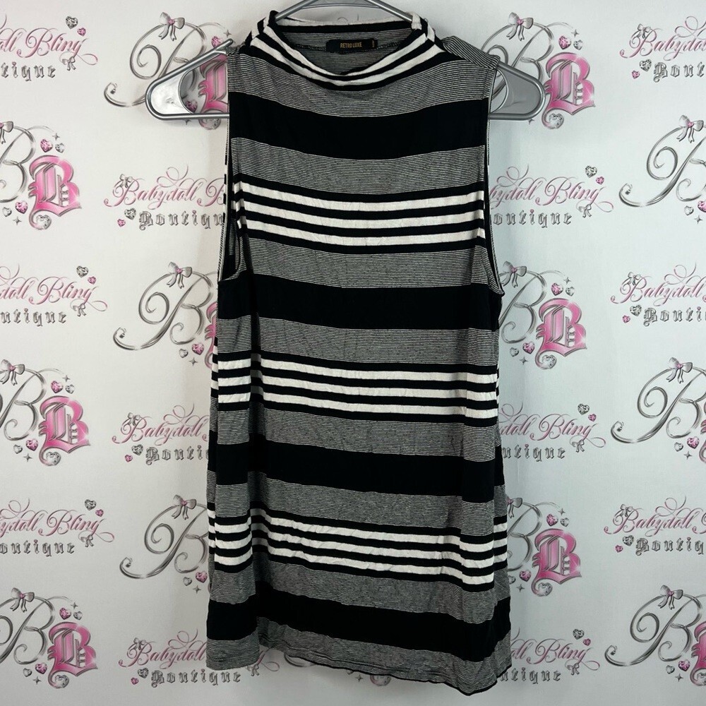 Retro luxe tank top turtleneck stripes white black Striped Sleeveless Top